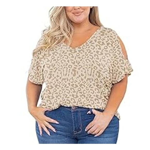 Amazon Women's V-Neck Leopard Soft Stretch Cold Shoulder Top Size XXL Beige Tan - Picture 1 of 8